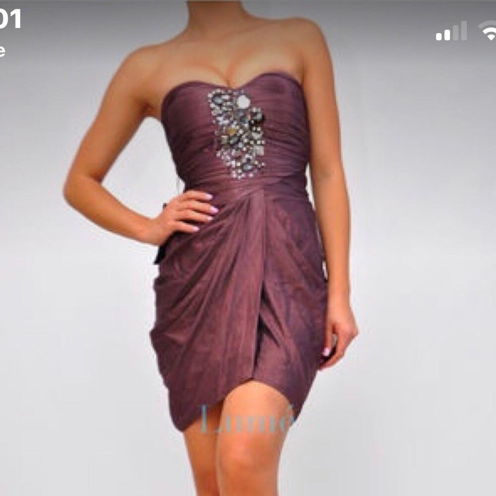 Bebe strapless mini dress with embellishments ruching & tu;ip skirt size xs
